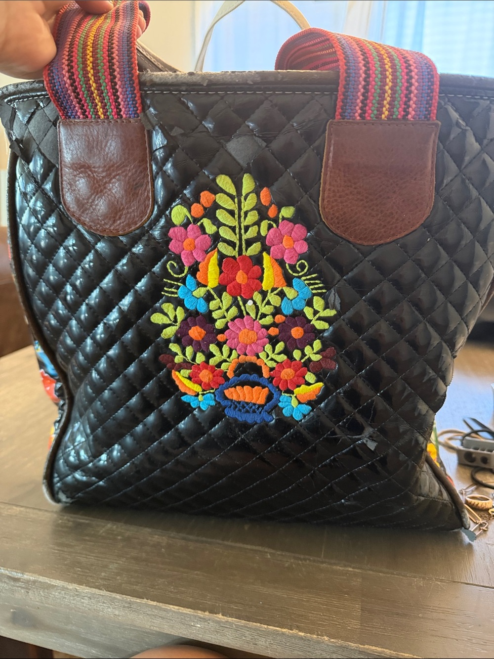 Desigual Black Quilted Tote with Multicolor Striped Handles and Floral Panels - Picture 3 of 3